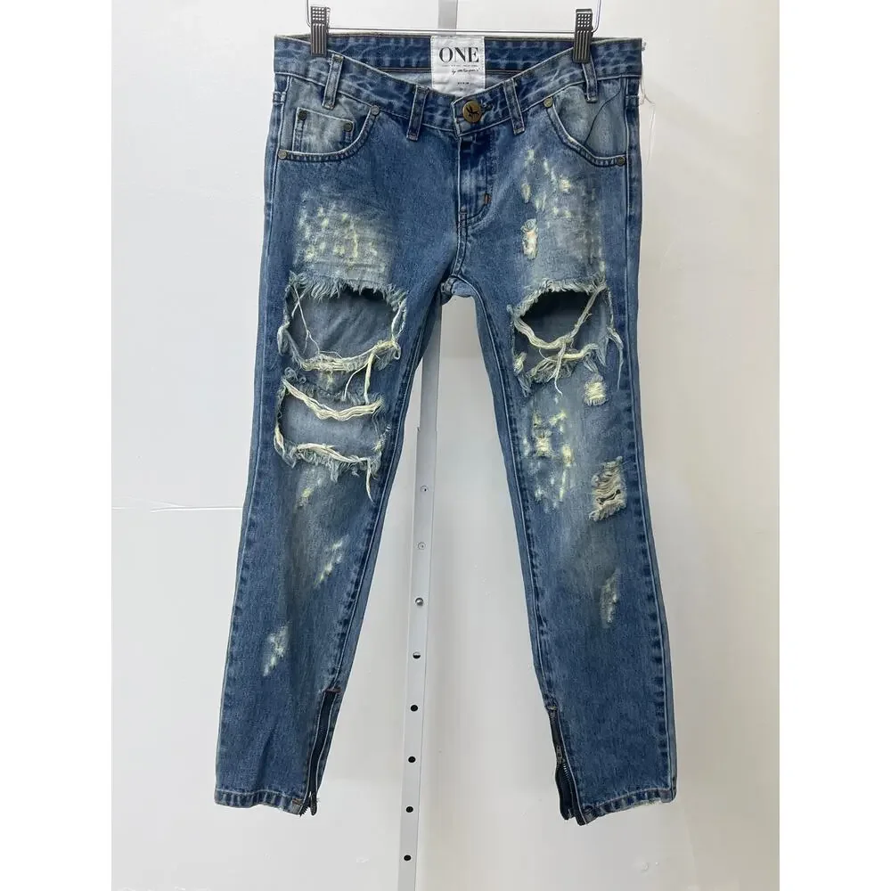 One Teaspoon Sz 26 Blue Denim Heavy Distressed Zip Ankle Low Rise Skinny Jeans - Picture 3 of 4